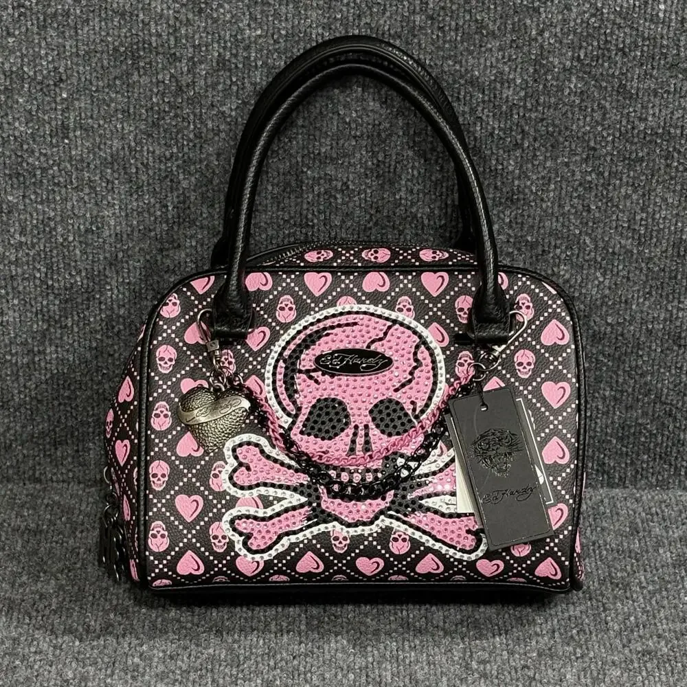Ed Hardy Satchel Bag Womens Black Pink Skull Hearts Rhinestone Vegan NWT Rock